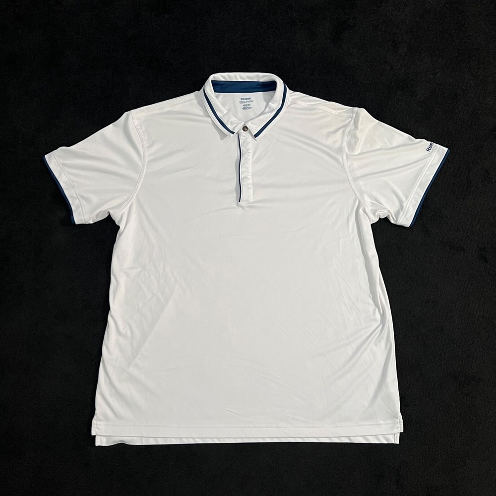 Reebok Polo Shirt Mens 2XL PlayDry Performance White Navy Blue Short Sleeve Poly